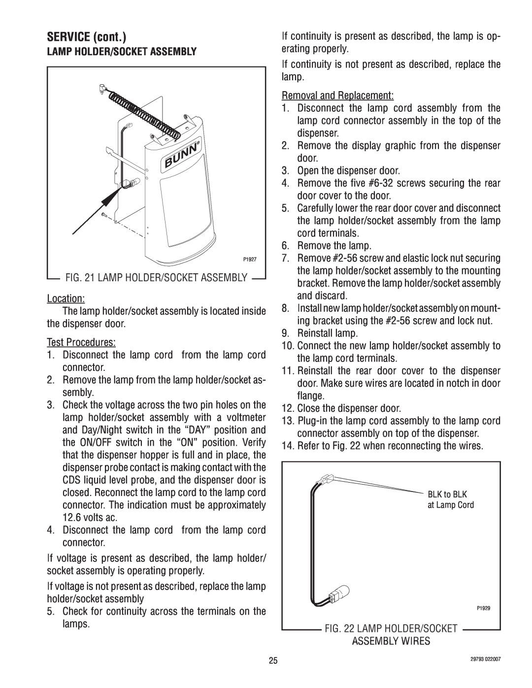 Bunn CDS-3 manual Lamp Holder/Socket Assembly, SERVICE cont 