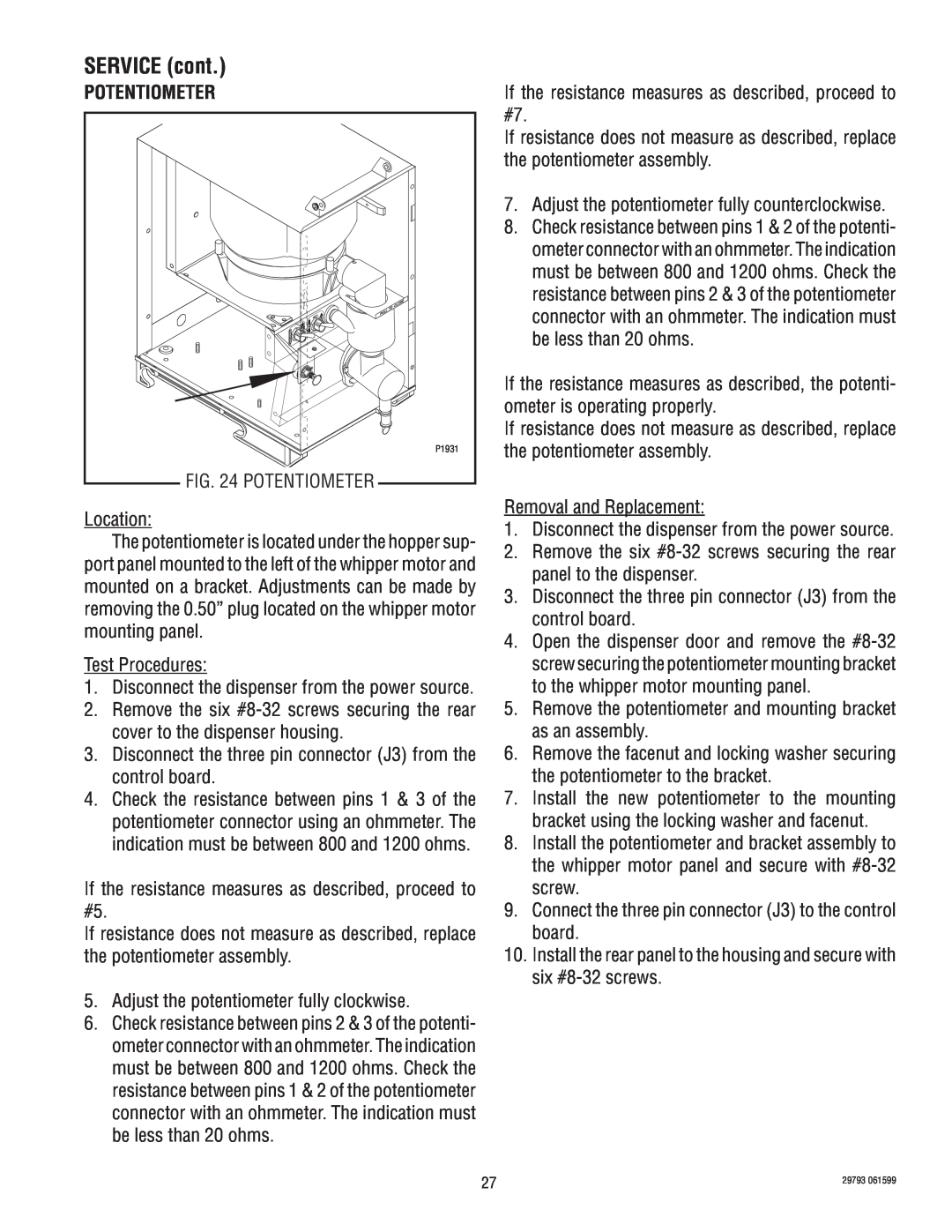 Bunn CDS-3 manual Potentiometer, SERVICE cont 