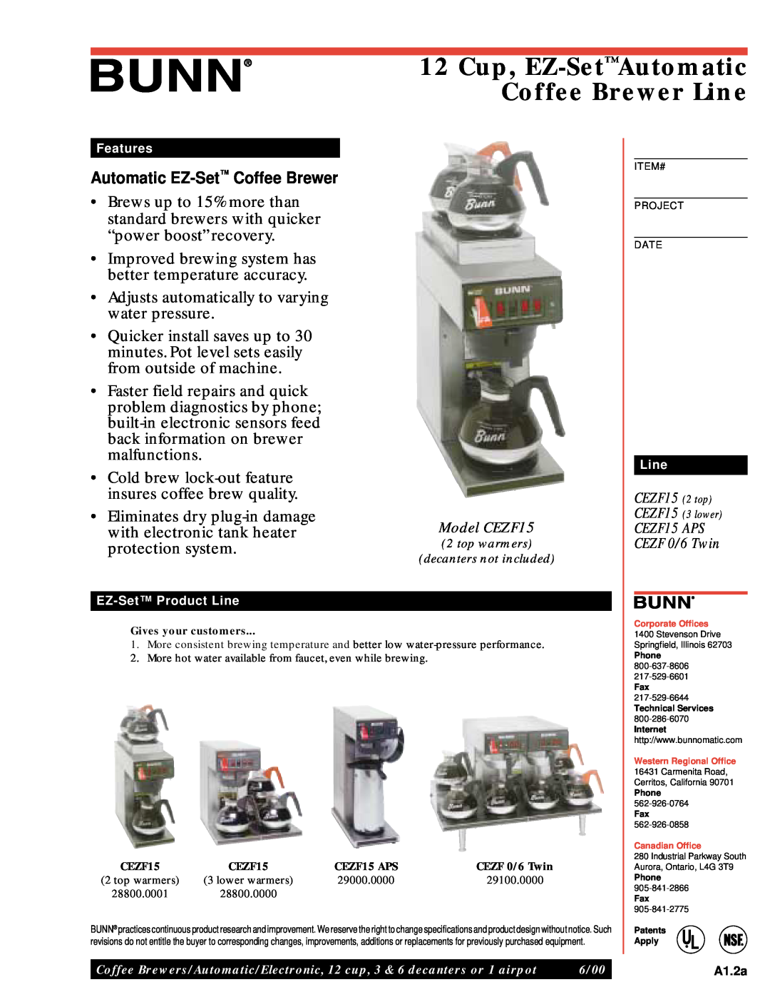 Bunn CEZF15 specifications 12Cup, EZ-SetAutomaticCoffee Brewer Line, Automatic EZ-Set Coffee Brewer 
