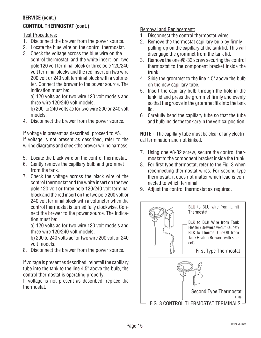 Bunn CRT5, CRTF5 service manual Service Control Thermostat, First Type Thermostat Second Type Thermostat 