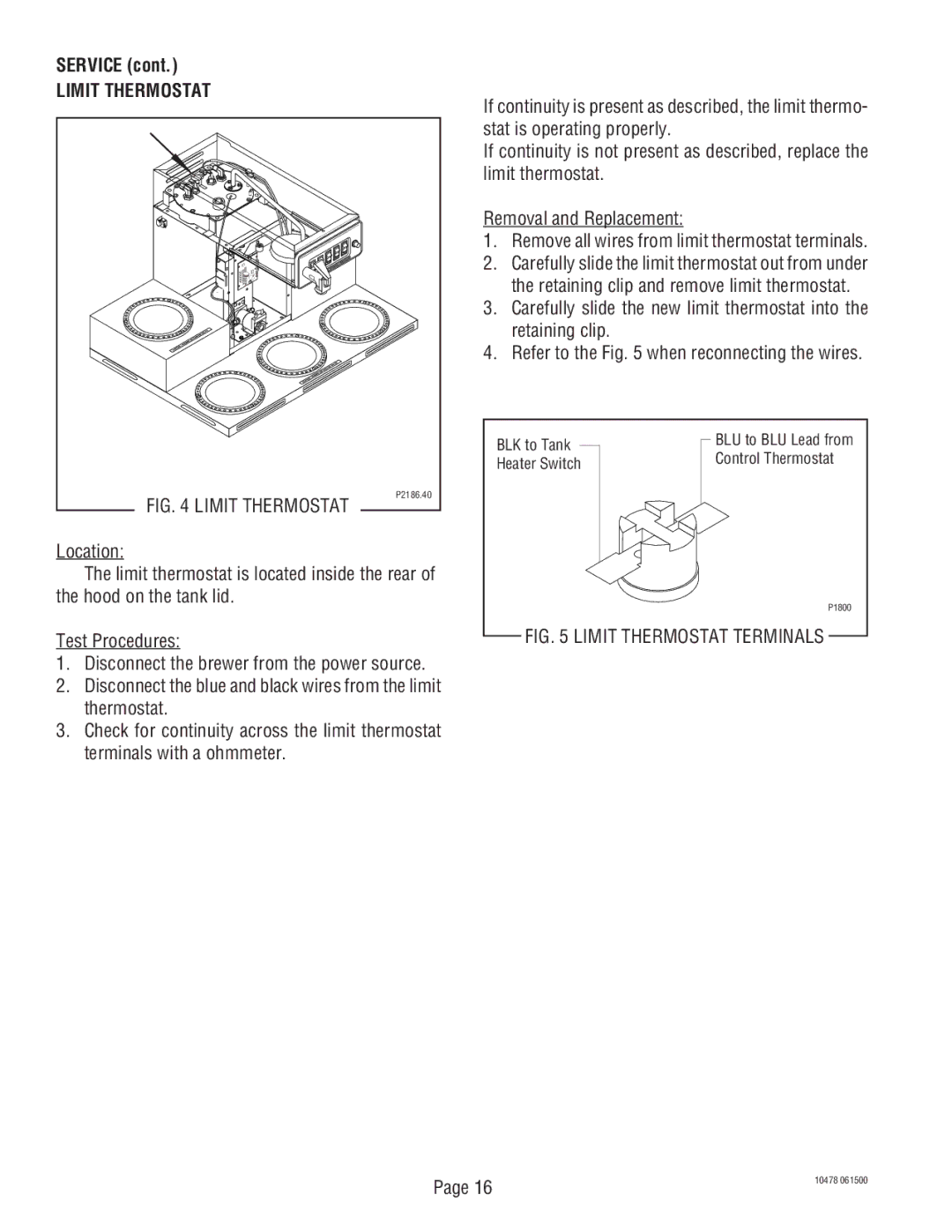 Bunn CRTF5, CRT5 service manual Service, Limit Thermostat 