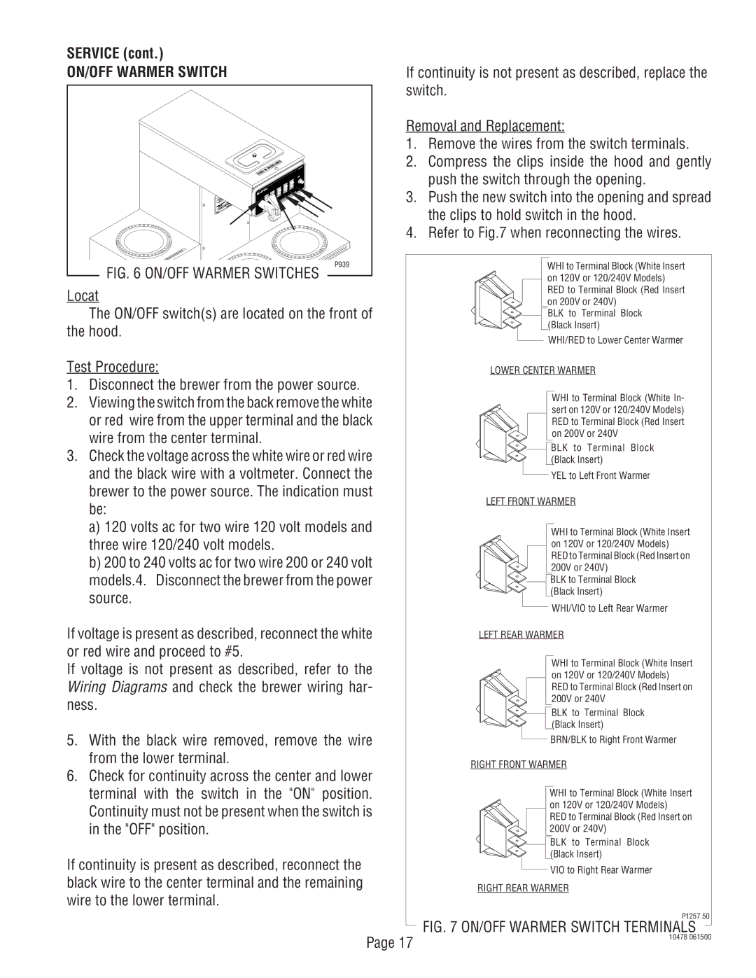 Bunn CRT5, CRTF5 service manual ON/OFF Warmer Switch, Lower Center Warmer 