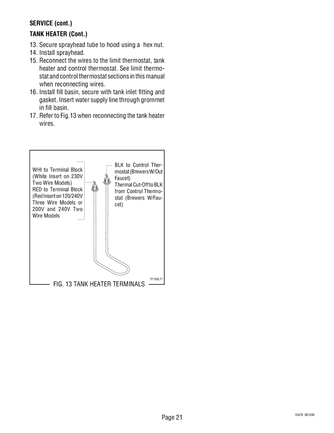 Bunn CRT5, CRTF5 service manual Service Tank Heater, Tank Heater Terminals 