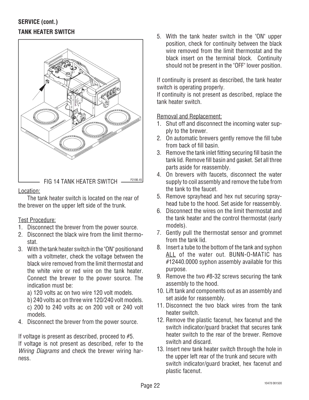 Bunn CRTF5, CRT5 service manual Tank Heater Switch 