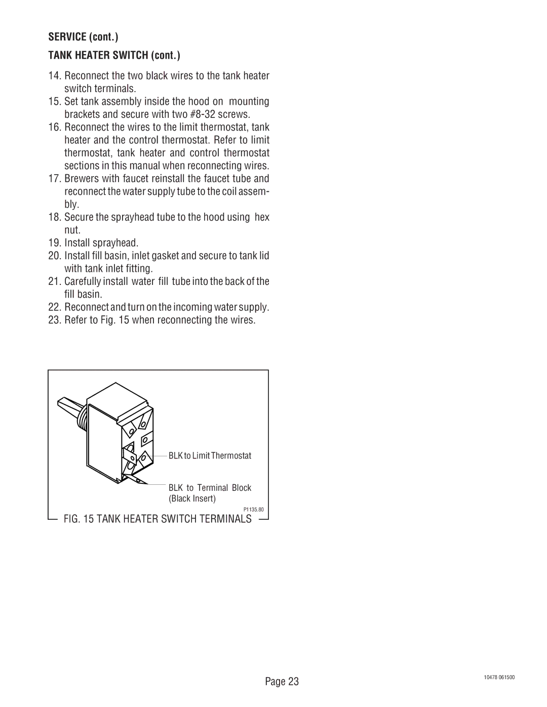 Bunn CRT5, CRTF5 service manual Service Tank Heater Switch, Tank Heater Switch Terminals 