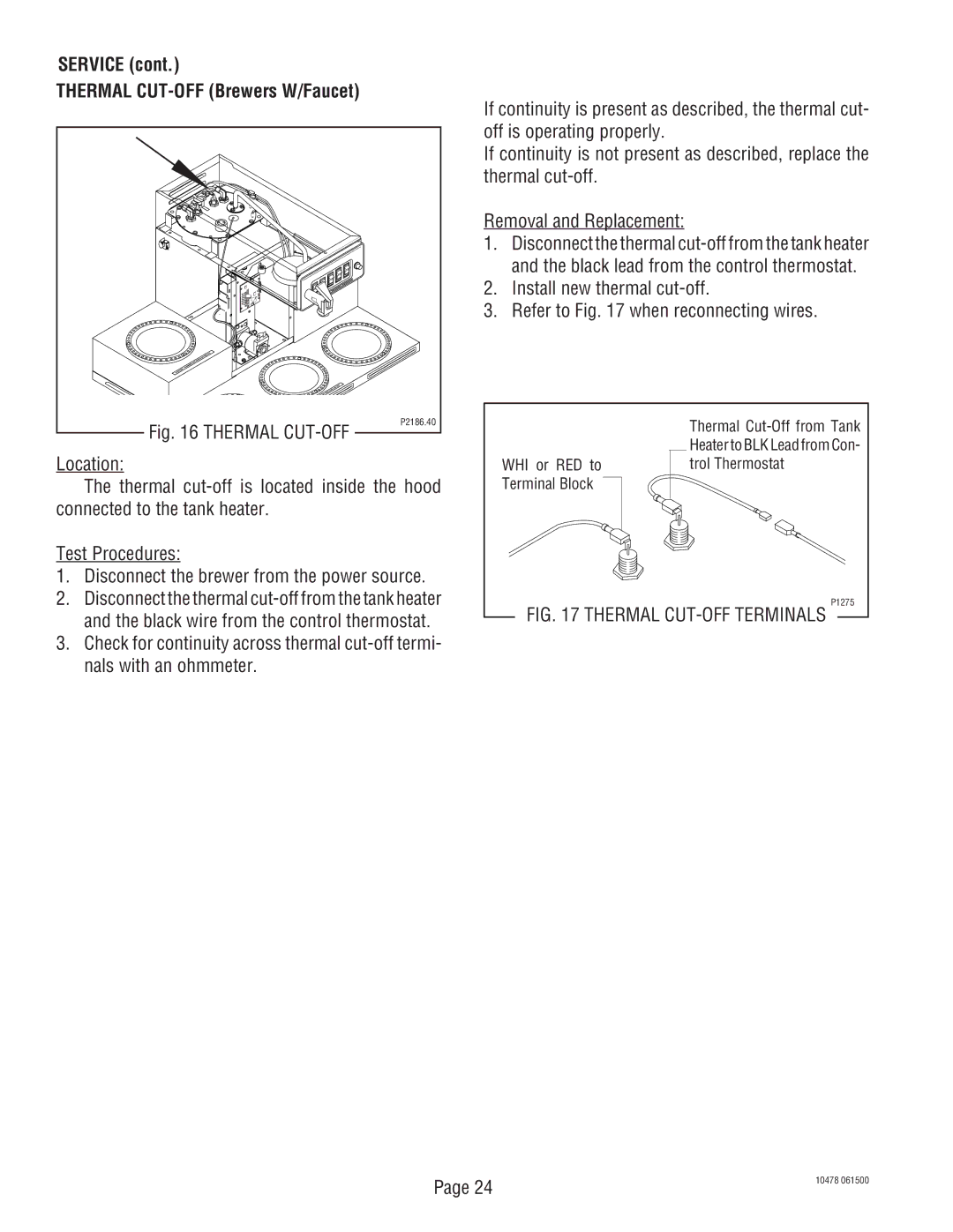 Bunn CRTF5, CRT5 service manual Service Thermal CUT-OFF Brewers W/Faucet 