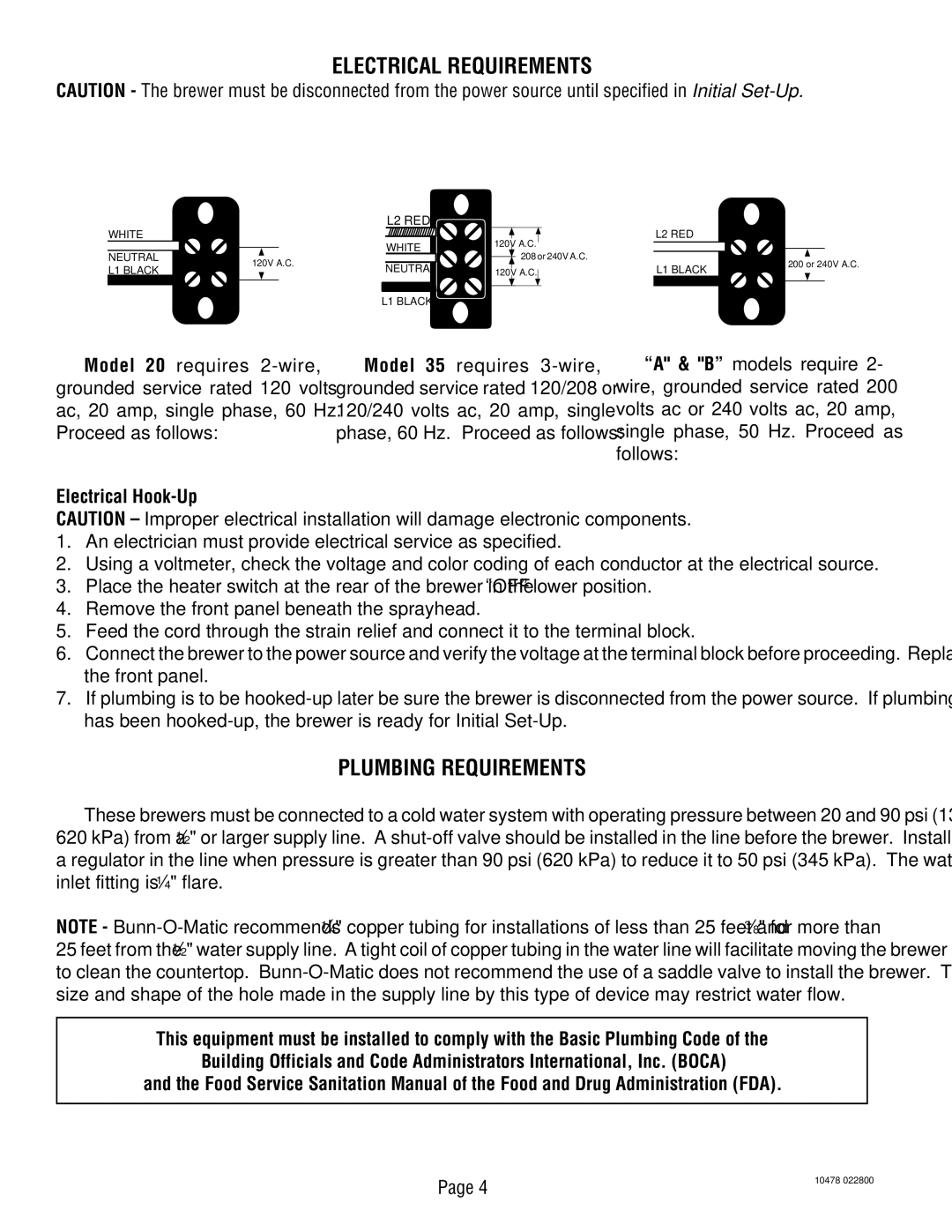 Bunn CRTF5, CRT5 service manual Electrical Requirements, Plumbing Requirements, Electrical Hook-Up 