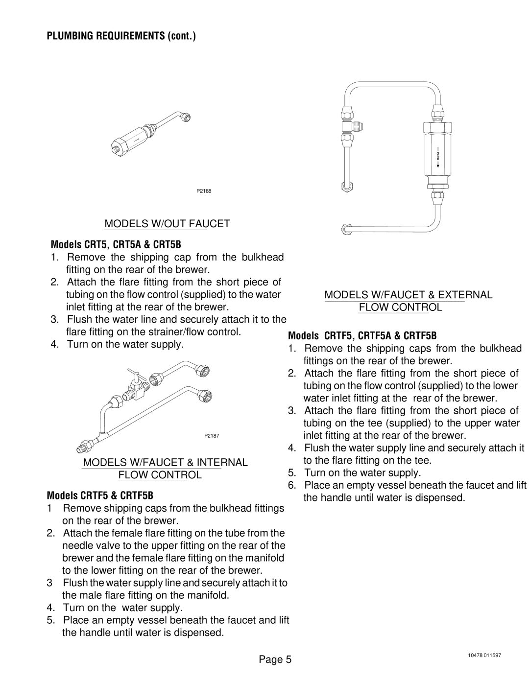 Bunn Plumbing Requirements, Models CRT5, CRT5A & CRT5B, Models CRTF5 & CRTF5B, Models CRTF5, CRTF5A & CRTF5B 