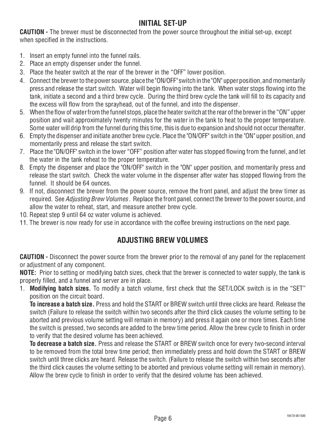 Bunn CRTF5, CRT5 service manual Initial SET-UP, Adjusting Brew Volumes 