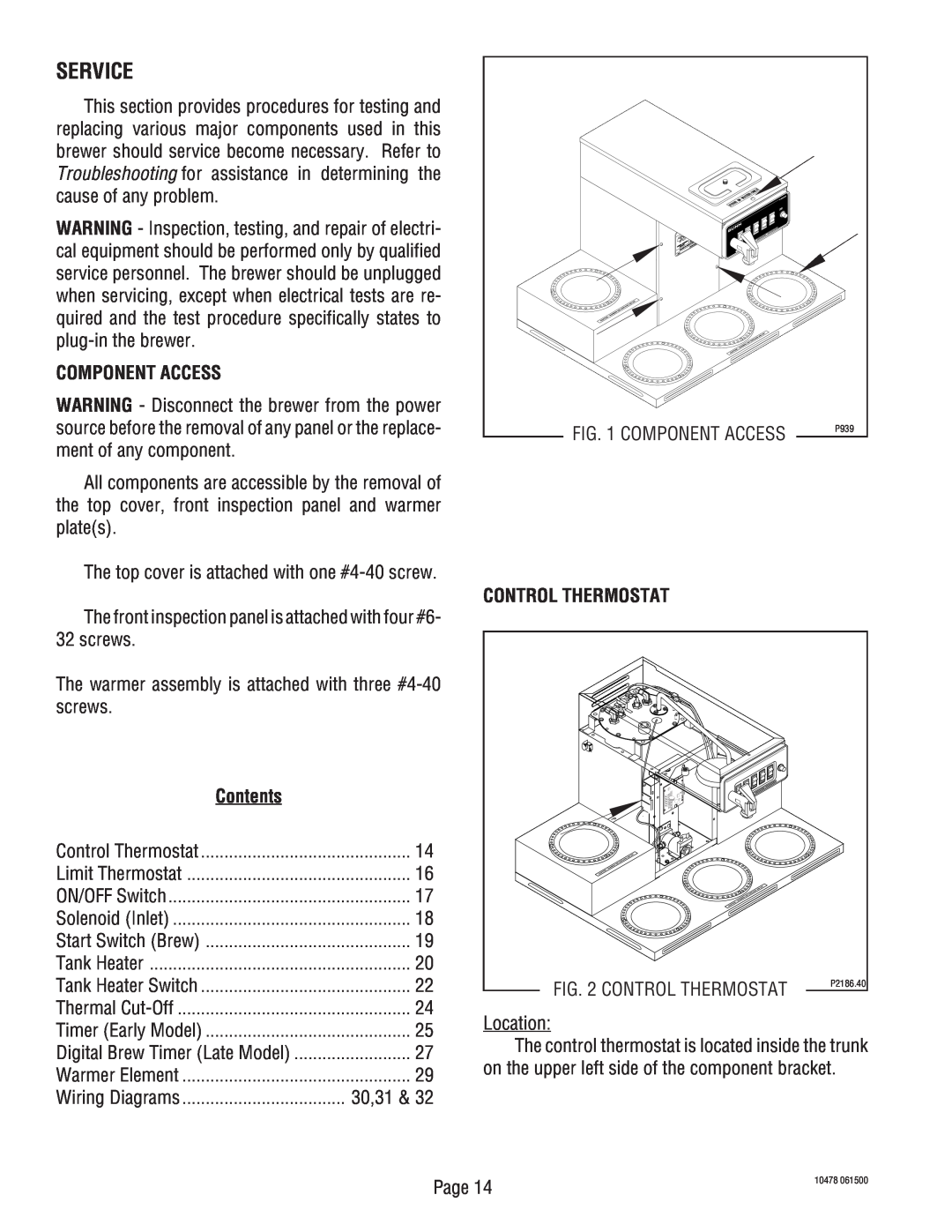 Bunn CRTF5, CRT5 service manual Service, Component Access, Contents, Control Thermostat 