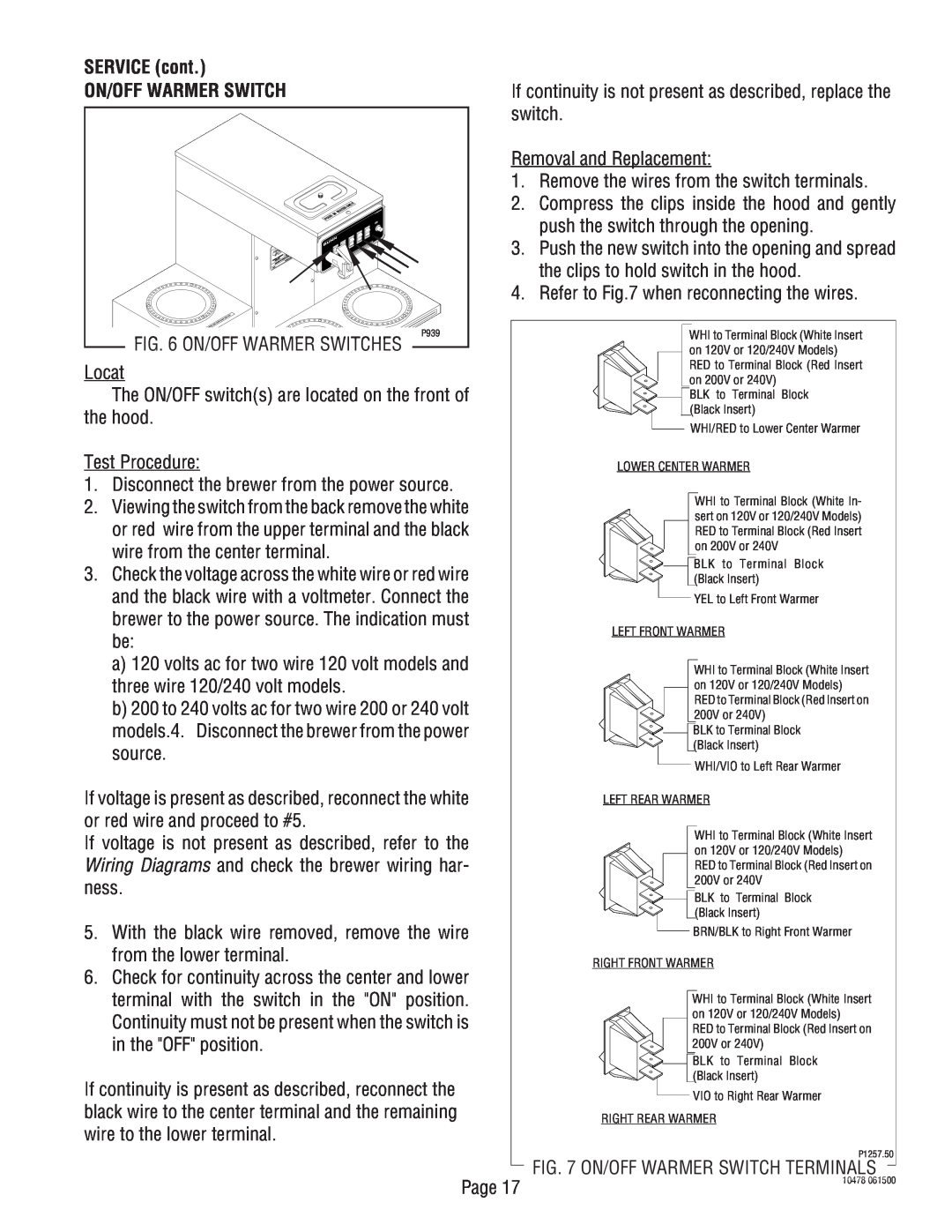 Bunn CRT5, CRTF5 service manual SERVICE cont, On/Off Warmer Switch 