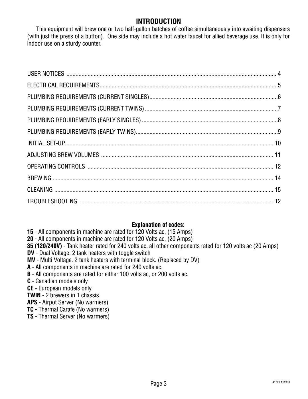 Bunn CWTF, CT service manual Introduction, Explanation of codes 