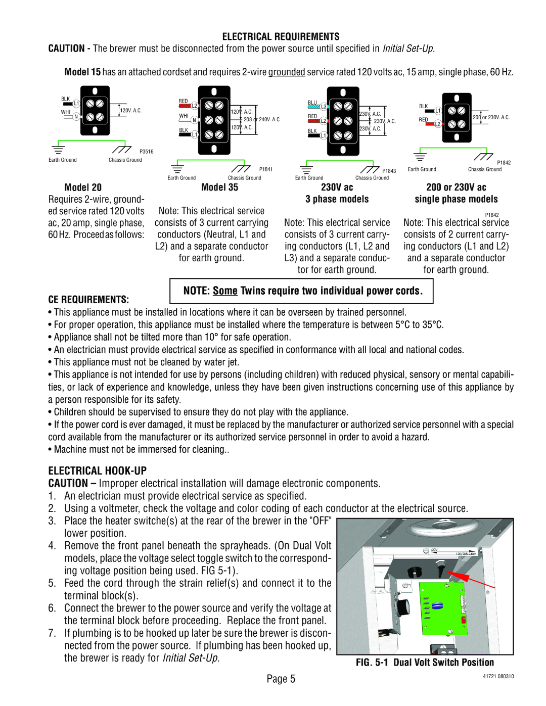 Bunn CWTF, CT service manual Electrical HOOK-UP, Terminal blocks, Brewer is ready for Initial Set-Up 