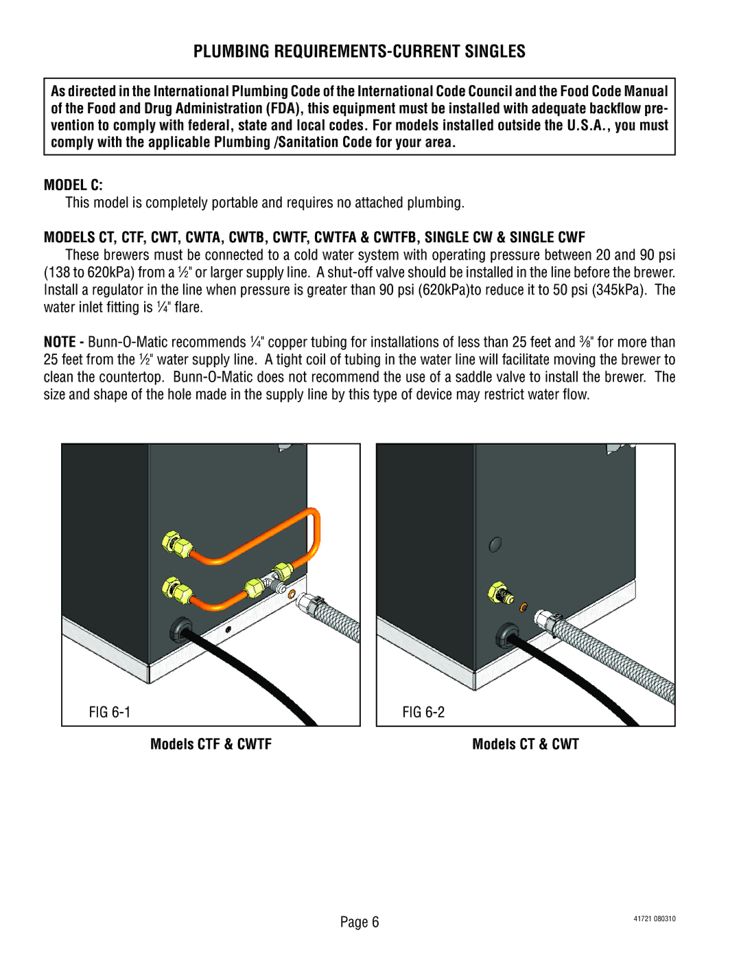 Bunn CT, CWTF service manual Plumbing REQUIREMENTS-CURRENT Singles, Model C 