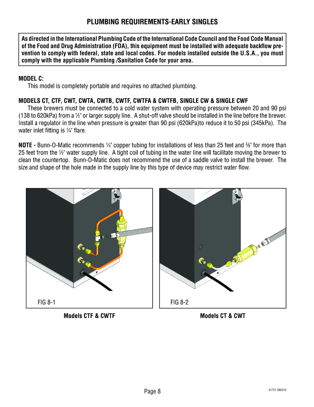 Bunn CT, CWTF service manual Plumbing REQUIREMENTS-EARLY Singles 