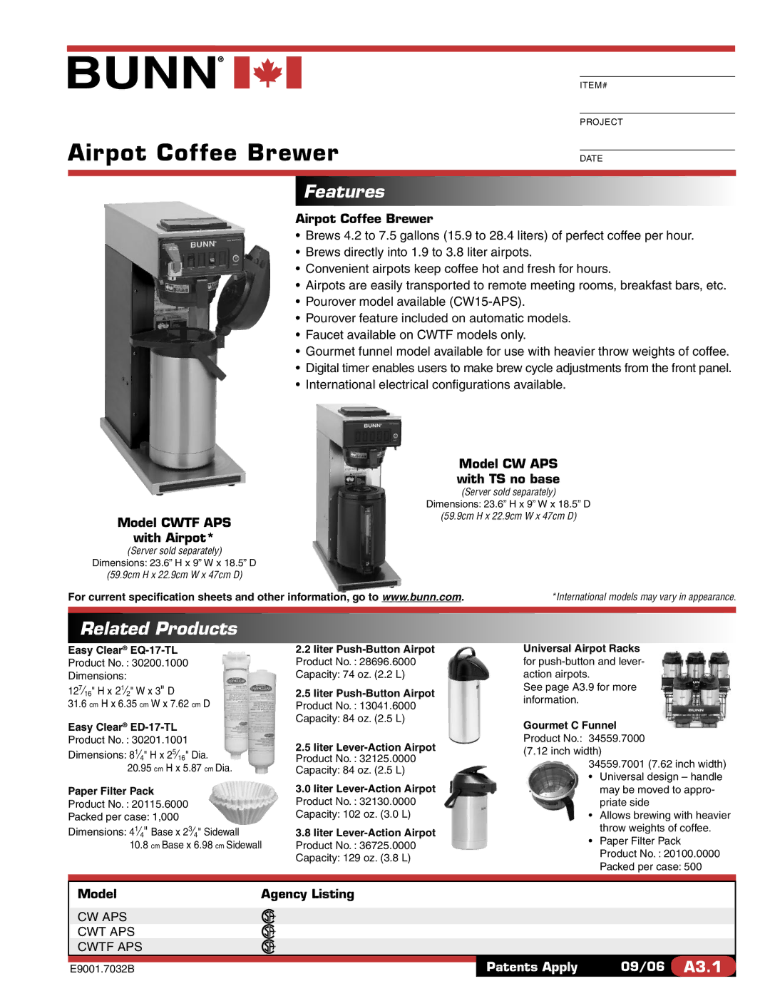 Bunn CWTF APS, CWT APS specifications Features, Related Products 