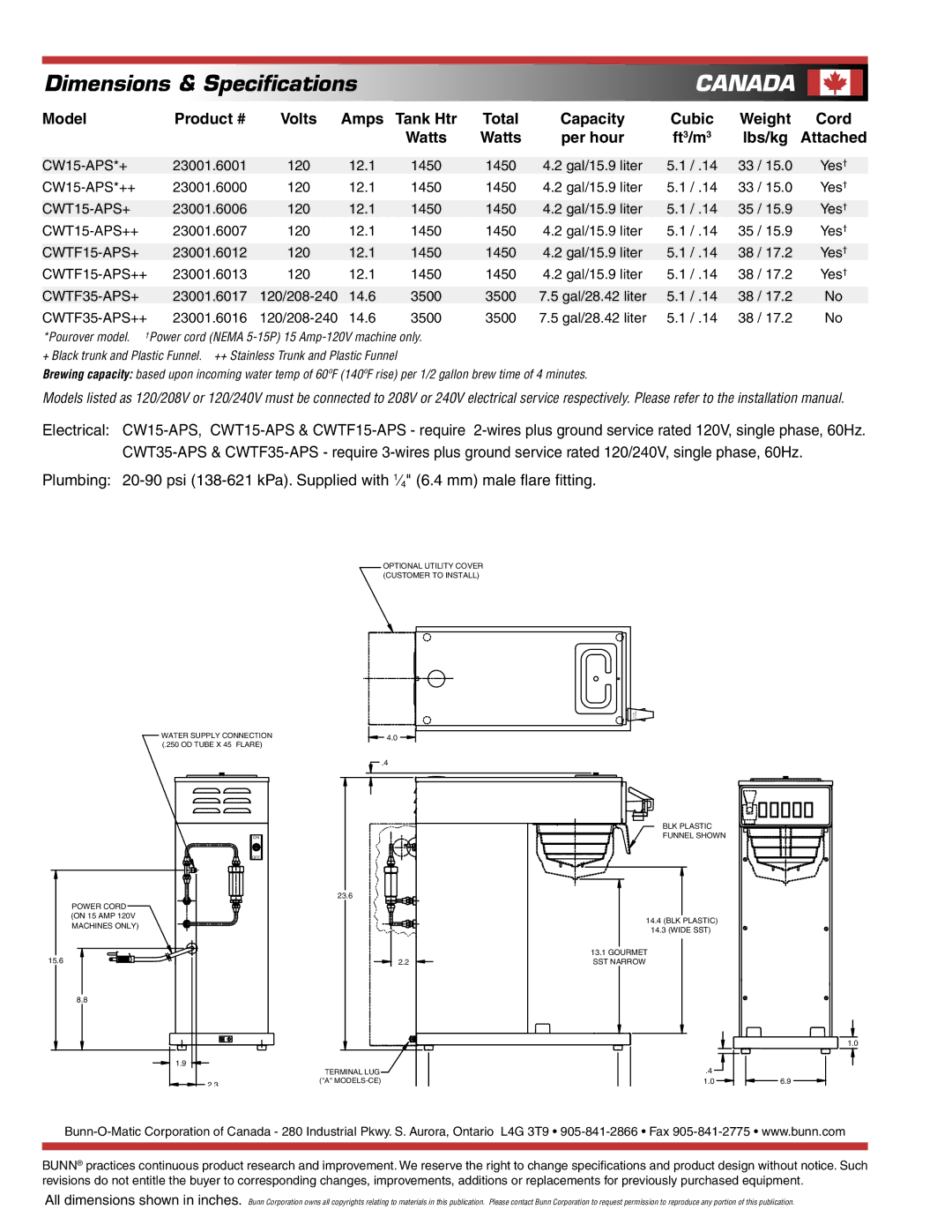 Bunn CWT APS, CWTF APS specifications Canada 