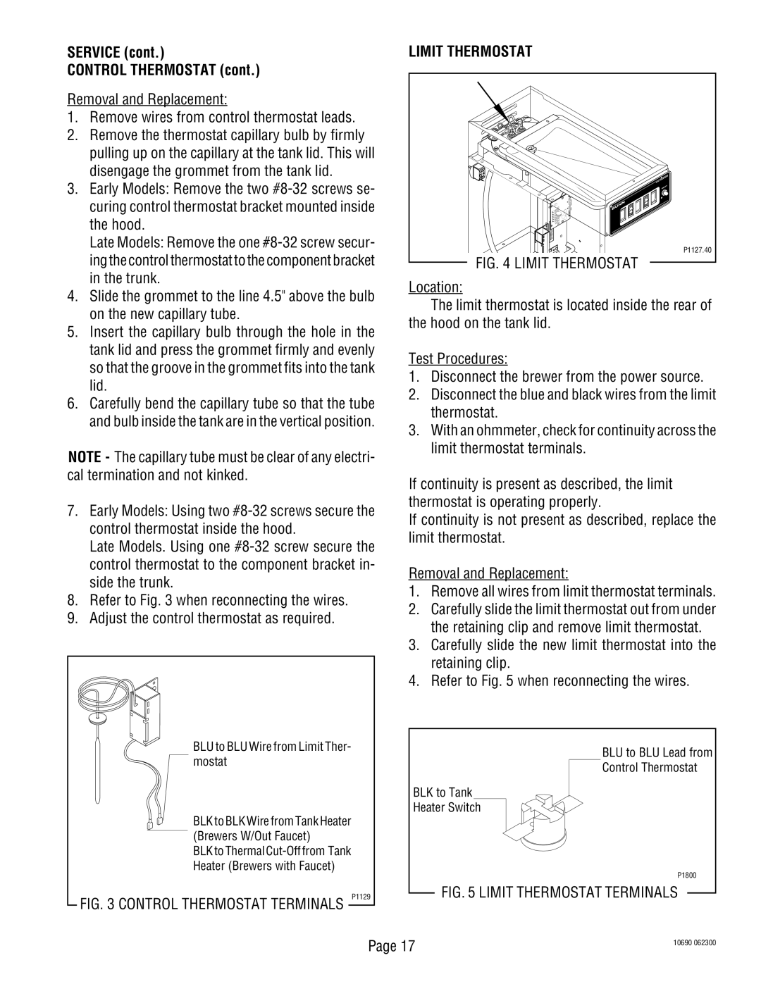 Bunn CW-APS, CWT-TSR service manual Service Control Thermostat, Limit Thermostat 