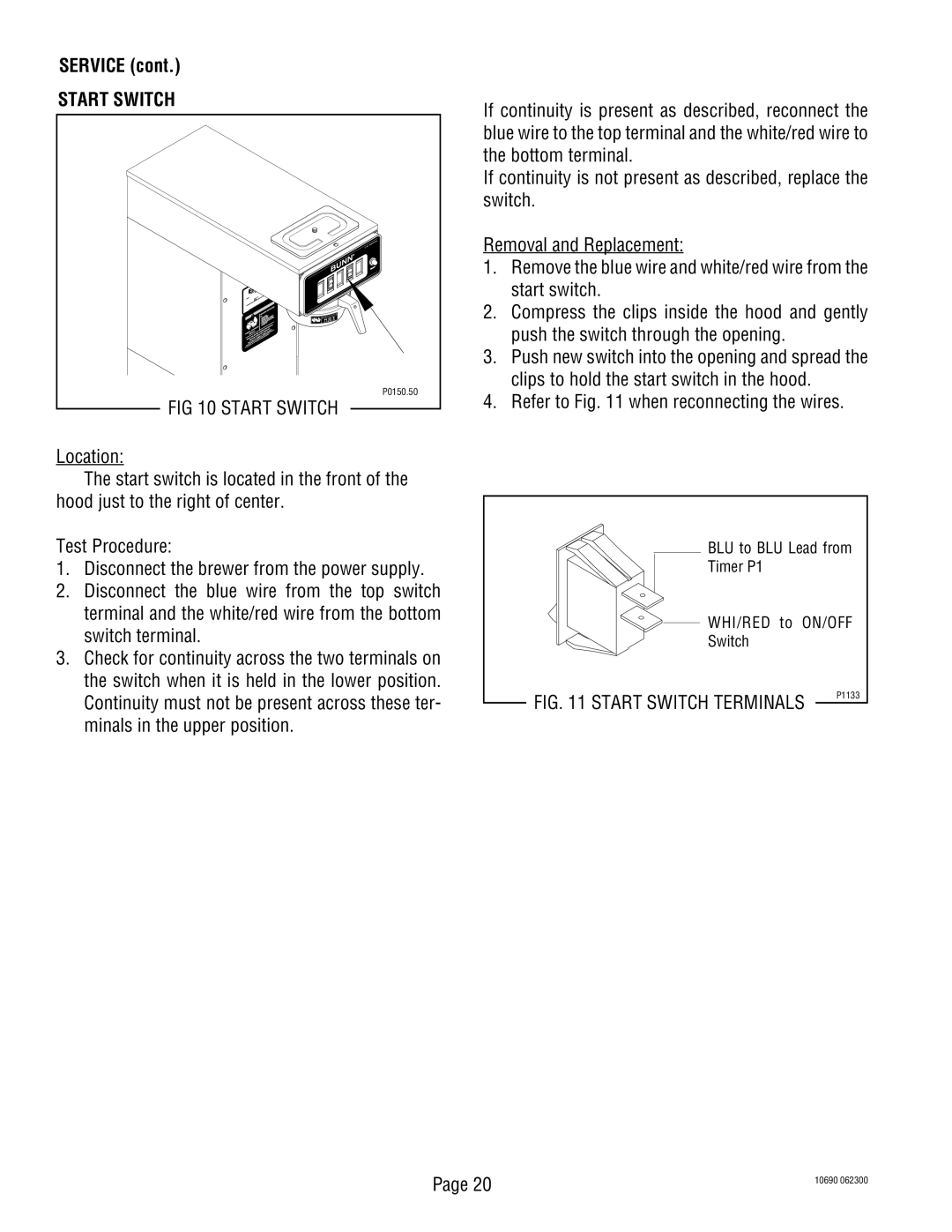 Bunn CW-APS, CWT-TSR service manual Start Switch Terminals 