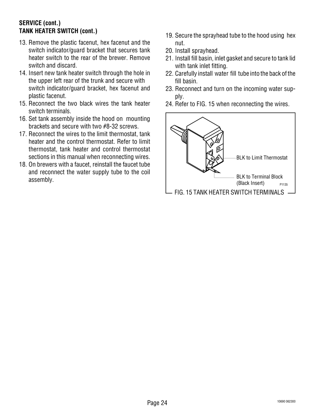 Bunn CWT-TSR, CW-APS service manual Service Tank Heater Switch, Tank Heater Switch Terminals 