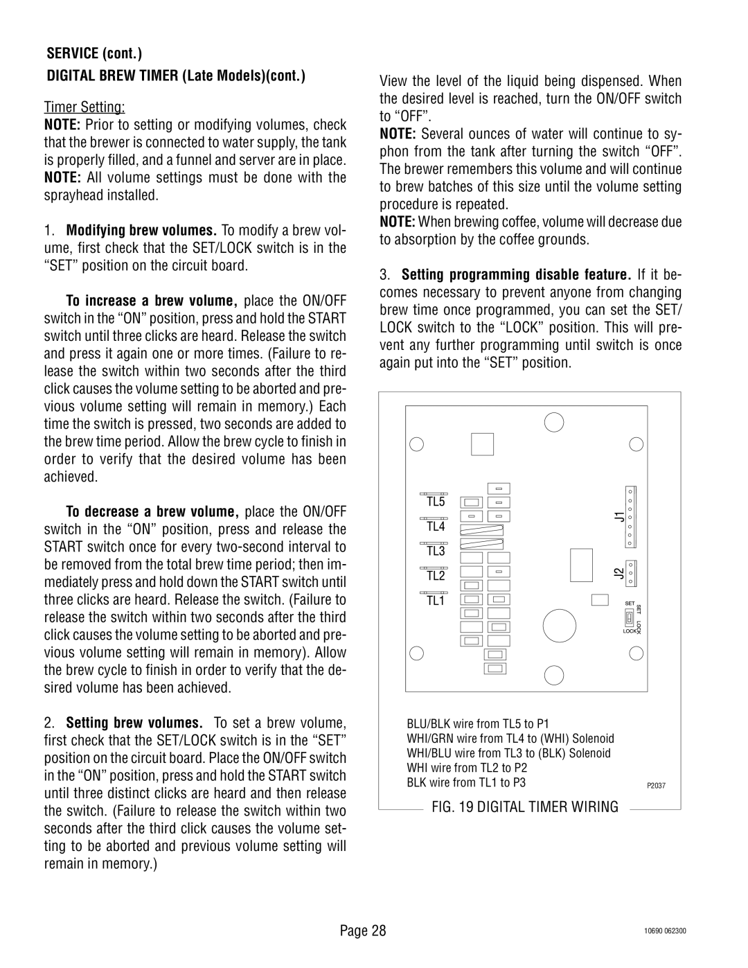 Bunn CWT-TSR, CW-APS service manual Service Digital Brew Timer Late Modelscont, Timer Setting 