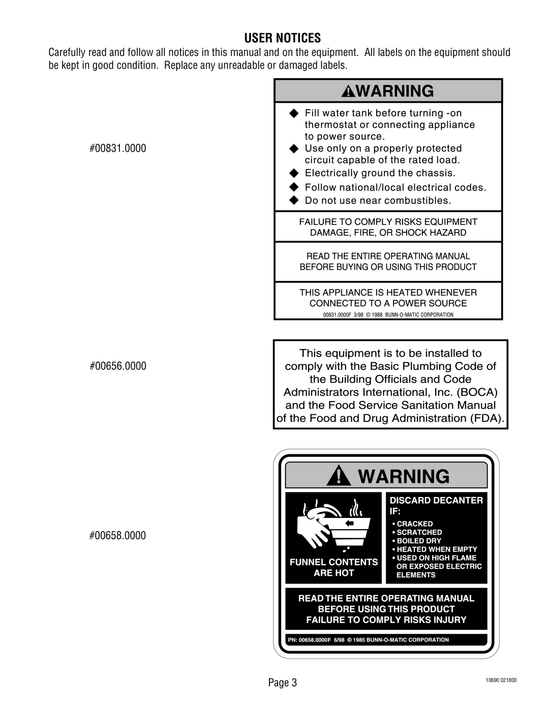 Bunn CWT-TSR, CW-APS service manual User Notices 