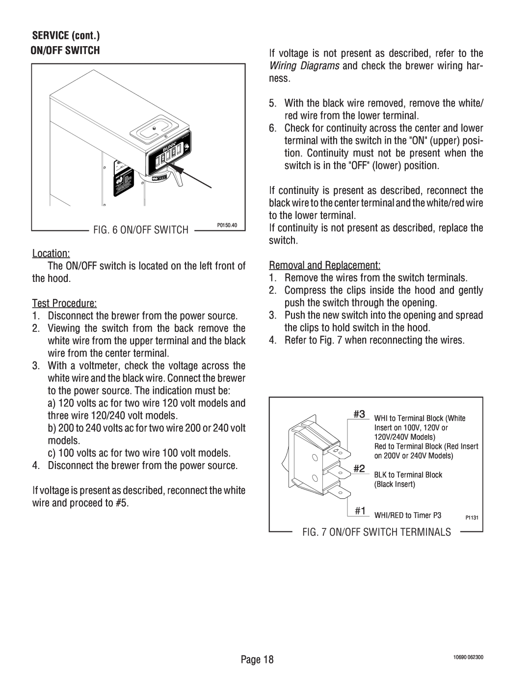 Bunn CWT-TSR, CW-APS service manual SERVICE cont ON/OFF SWITCH 
