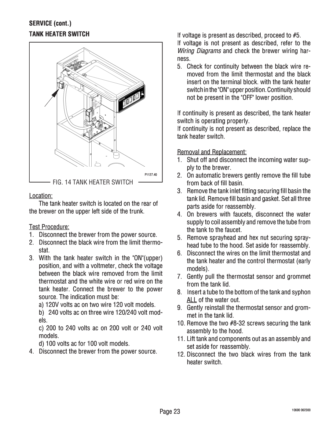 Bunn CW-APS, CWT-TSR service manual SERVICE cont TANK HEATER SWITCH 