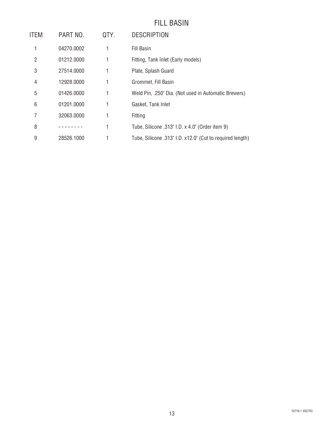 Bunn CWA-APS,TS, CWTA-APS,TS, CWTFA-APS,TS,TC specifications Weld Pin, .250 Dia. Not used in Automatic Brewers 