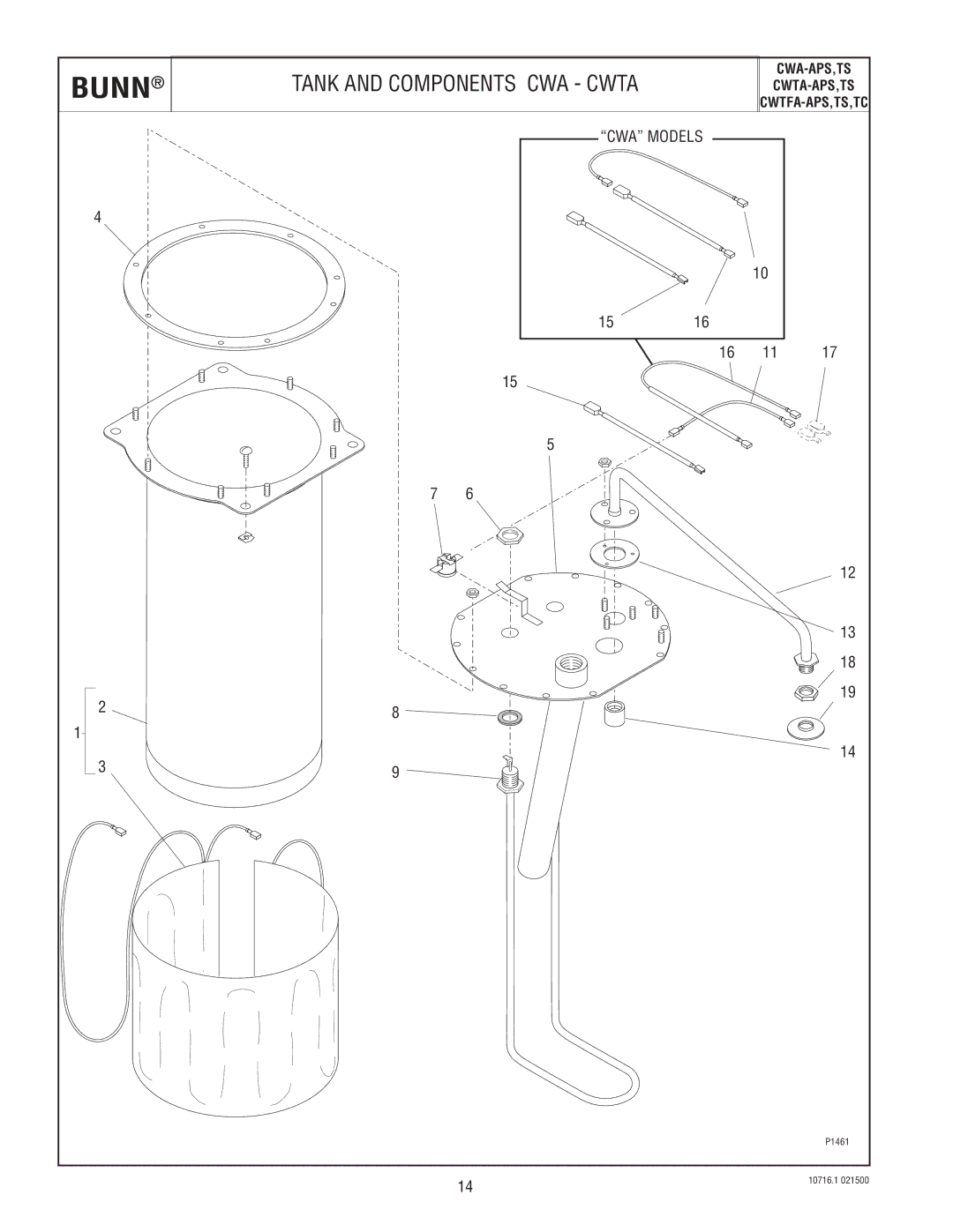 Bunn CWTFA-APS,TS,TC, CWTA-APS,TS, CWA-APS,TS specifications Tank and Components CWA Cwta 