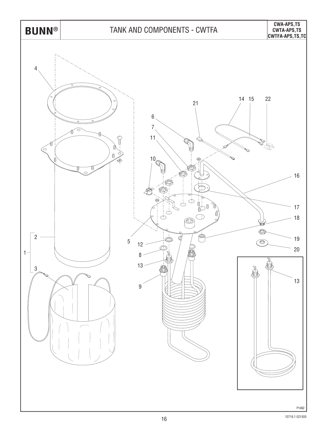 Bunn CWA-APS,TS, CWTA-APS,TS, CWTFA-APS,TS,TC specifications Tank and Components Cwtfa, 100V W/O Warmer 