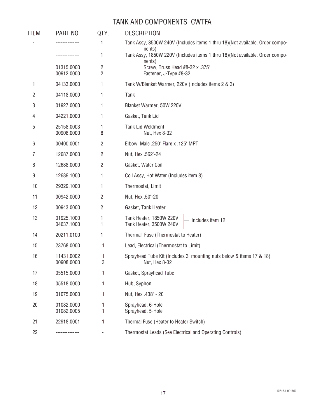 Bunn CWTFA-APS,TS,TC, CWTA-APS,TS, CWA-APS,TS specifications Nents 