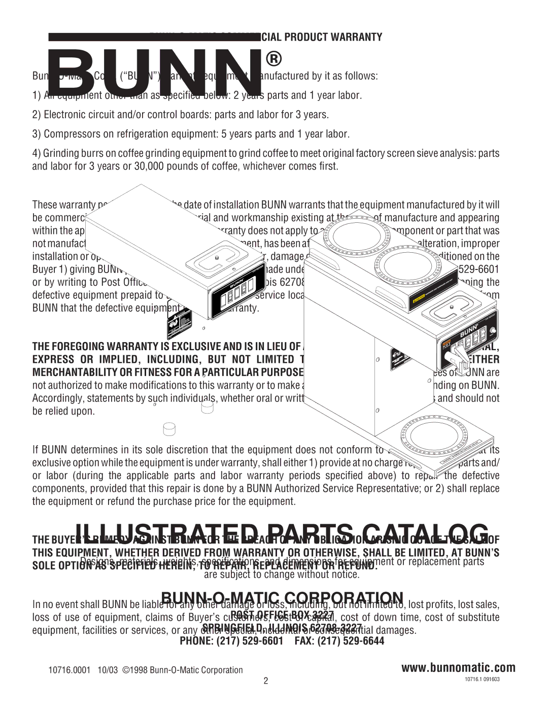 Bunn CWTFA-APS,TS,TC, CWTA-APS,TS, CWA-APS,TS specifications BUNN-O-MATIC Commercial Product Warranty 