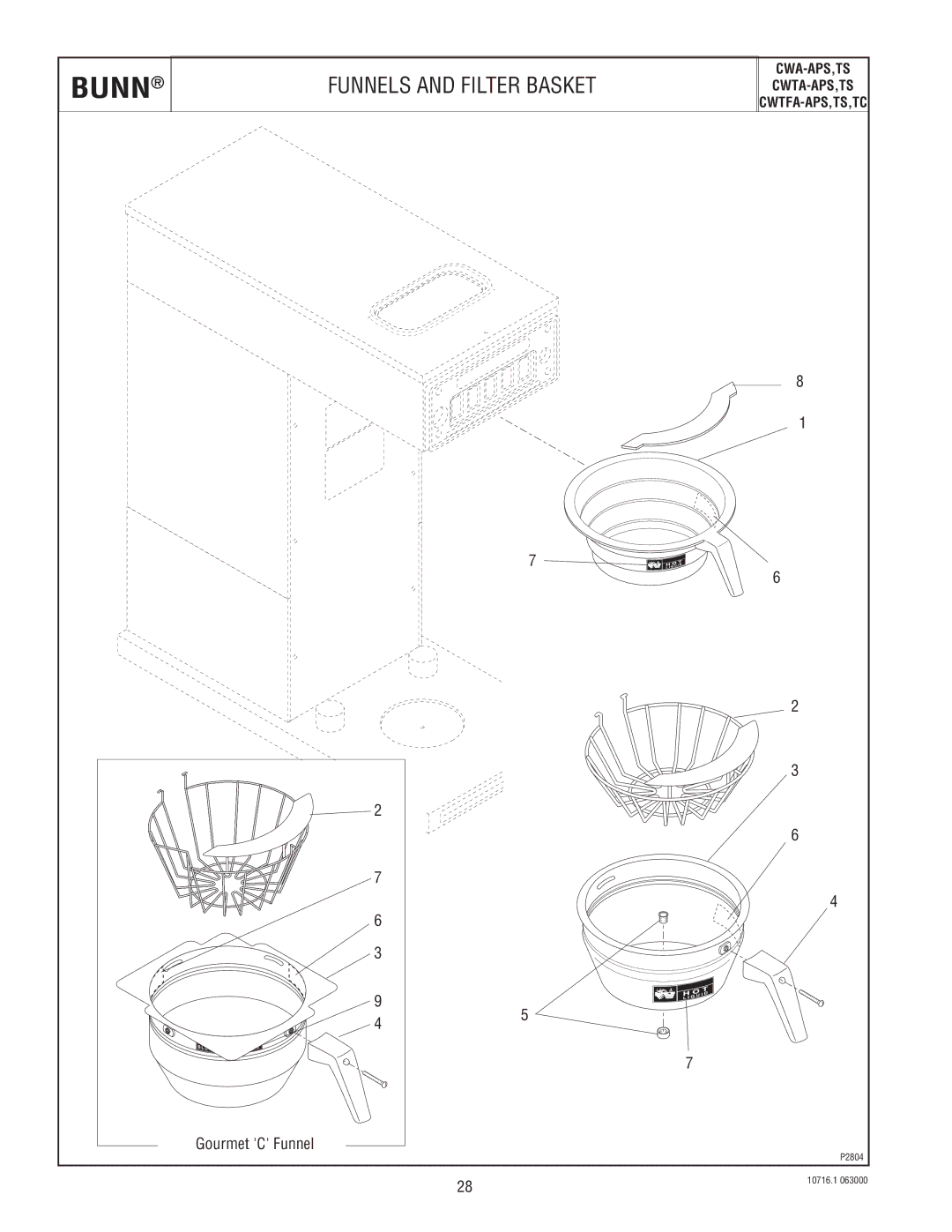 Bunn CWA-APS,TS, CWTA-APS,TS, CWTFA-APS,TS,TC specifications Funnels and Filter Basket 