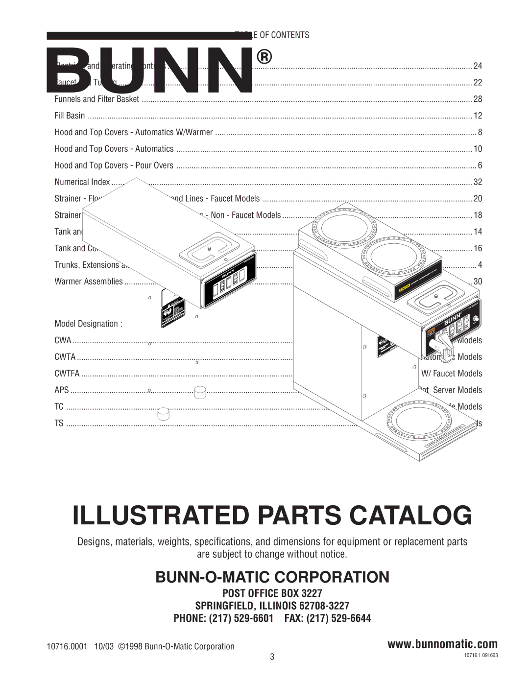 Bunn CWTA-APS,TS, CWA-APS,TS, CWTFA-APS,TS,TC specifications Table of Contents 