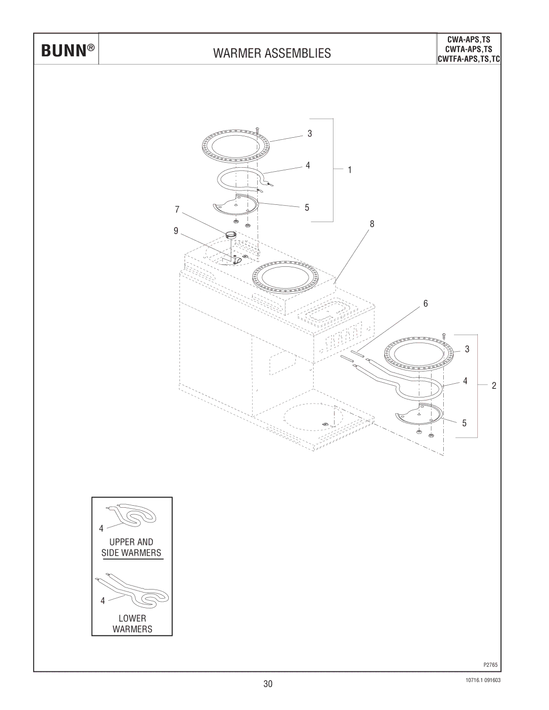 Bunn CWTA-APS,TS, CWA-APS,TS, CWTFA-APS,TS,TC specifications Warmer Assemblies 