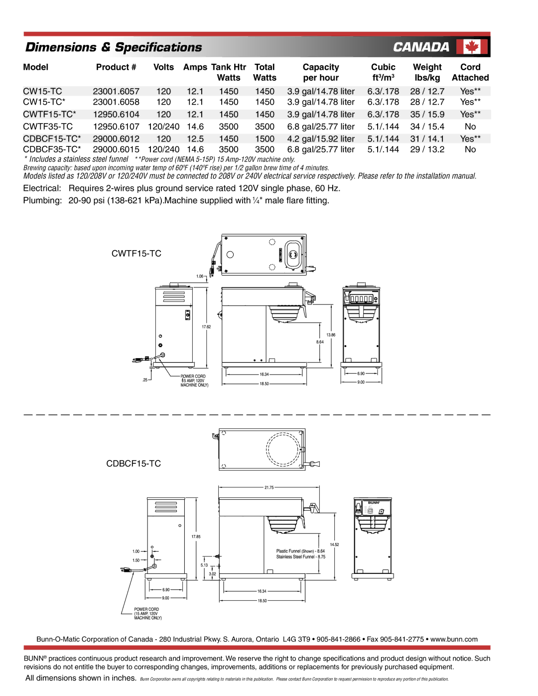 Bunn CW15-TC specifications CWTF35-TC, CDBCF35-TC, CWTF15-TC CDBCF15-TC 