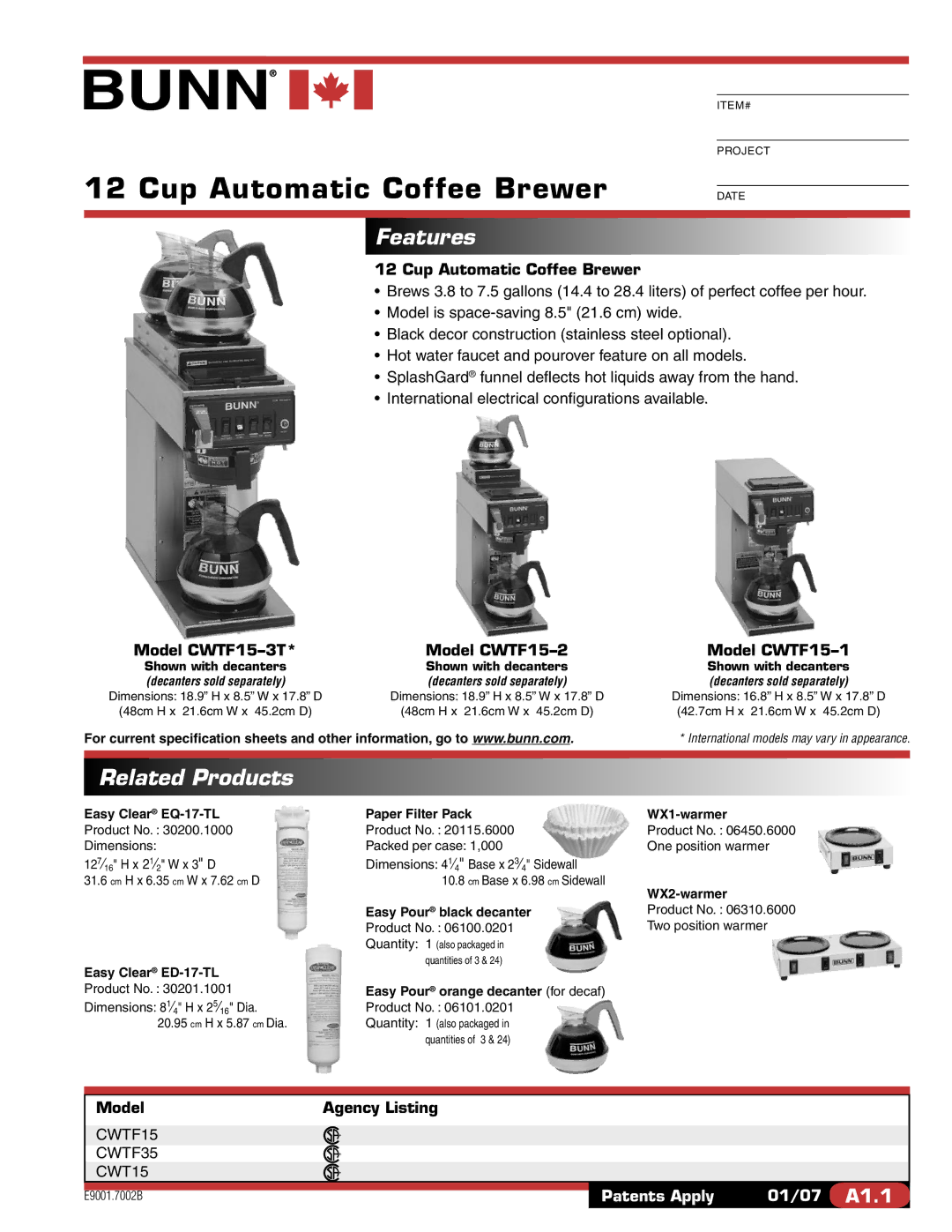 Bunn CWTF15, CWTF35, CWT15 specifications Cup Automatic Coffee Brewer, Features, Related Products 