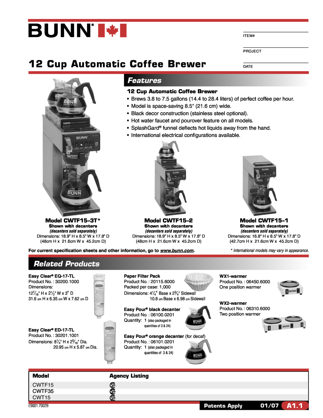 Bunn CWTF35 specifications Features, Related Products, Cup Automatic Coffee Brewer, Model CWTF15-3T, Model CWTF15-2 