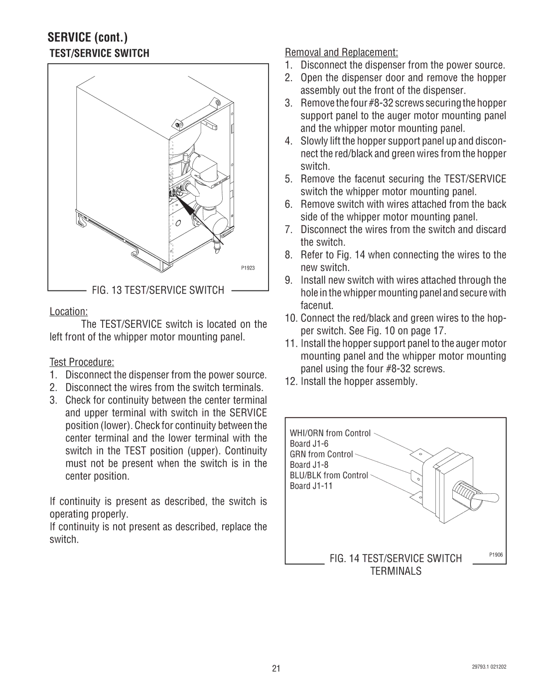 Bunn dispenser service manual TEST/SERVICE Switch, Location, Disconnect the wires from the switch terminals 