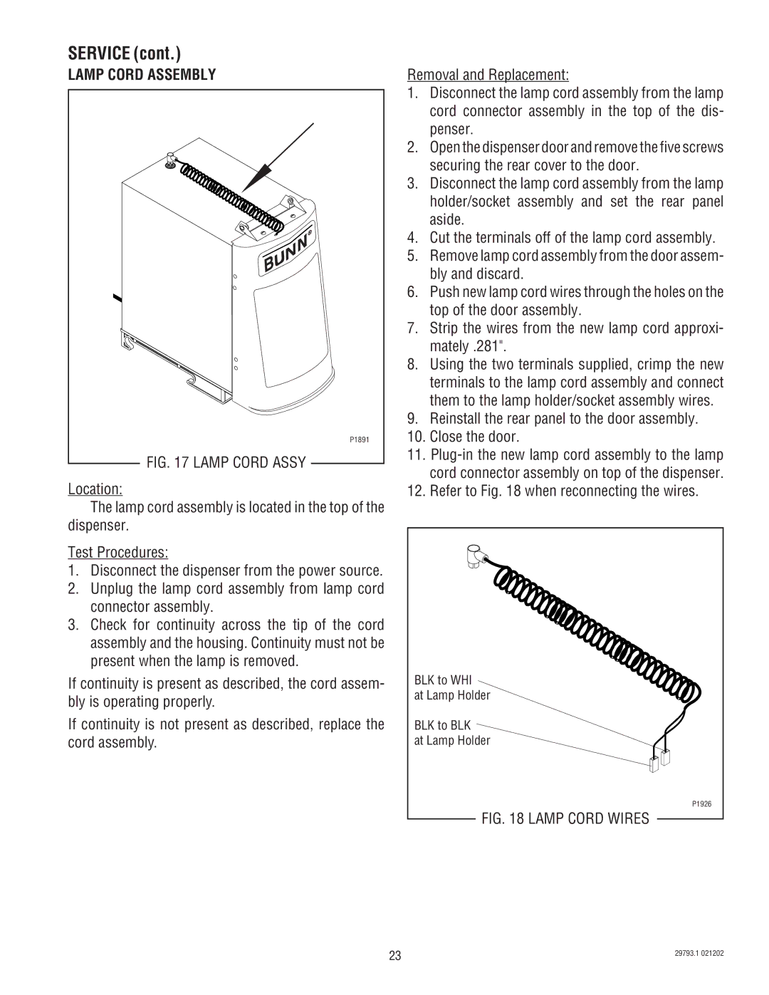 Bunn dispenser service manual Lamp Cord Assembly, Refer to when reconnecting the wires 