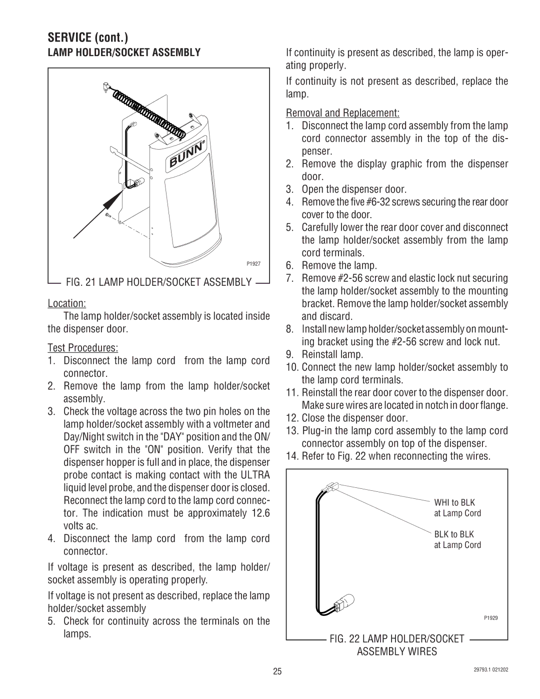 Bunn service manual Lamp HOLDER/SOCKET Assembly, Close the dispenser door 