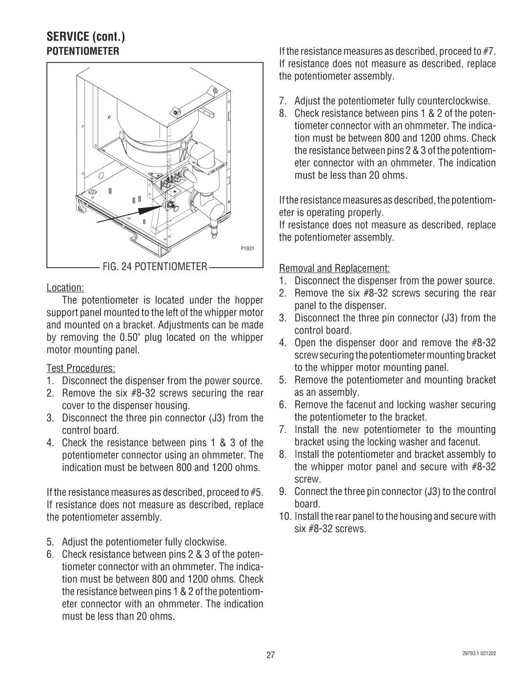 Bunn dispenser service manual Potentiometer 