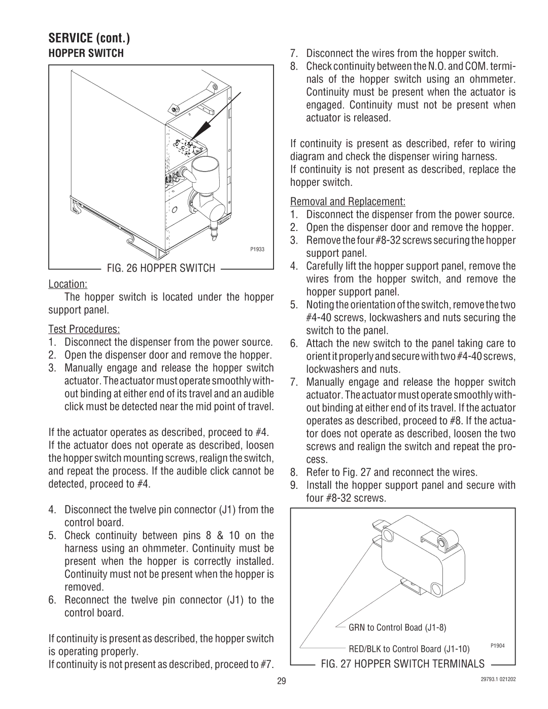 Bunn dispenser service manual Hopper Switch 