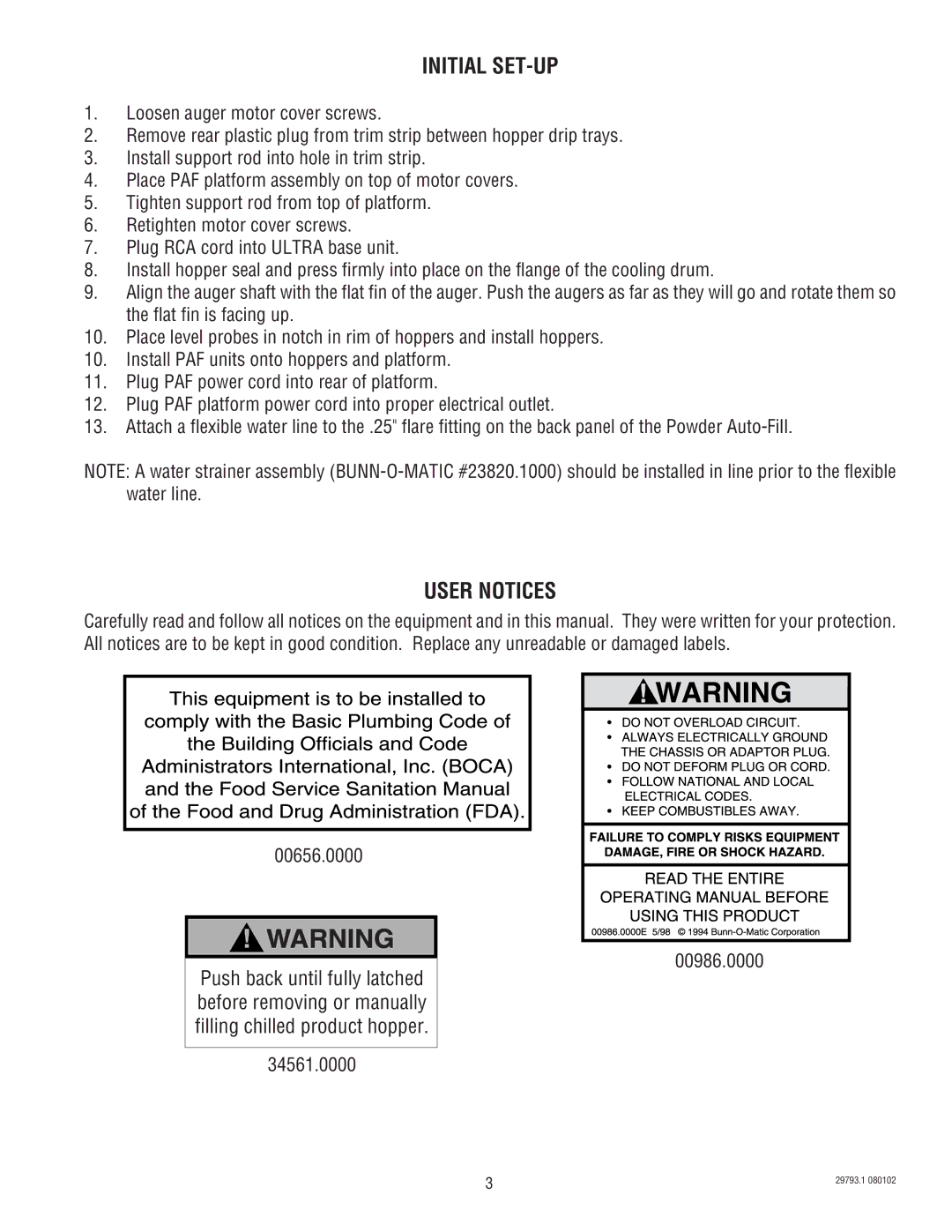 Bunn dispenser service manual Initial SET-UP, User Notices, 34561.0000 