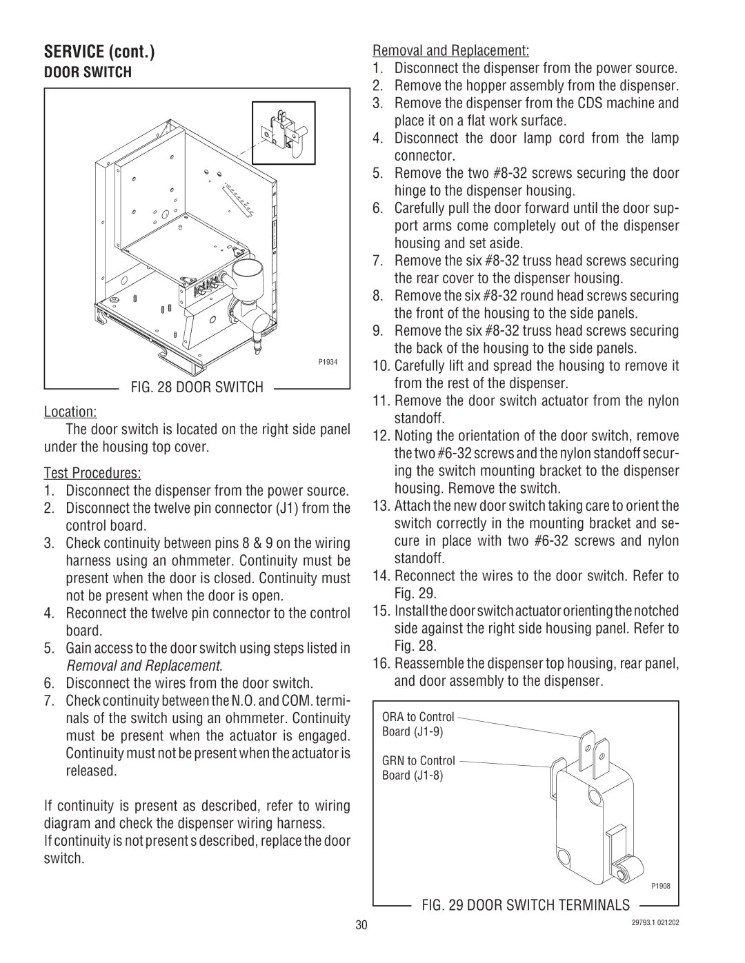 Bunn dispenser service manual Door Switch 