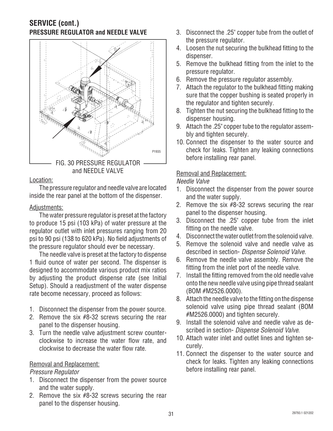 Bunn dispenser service manual Pressure Regulator and Needle Valve, Adjustments 