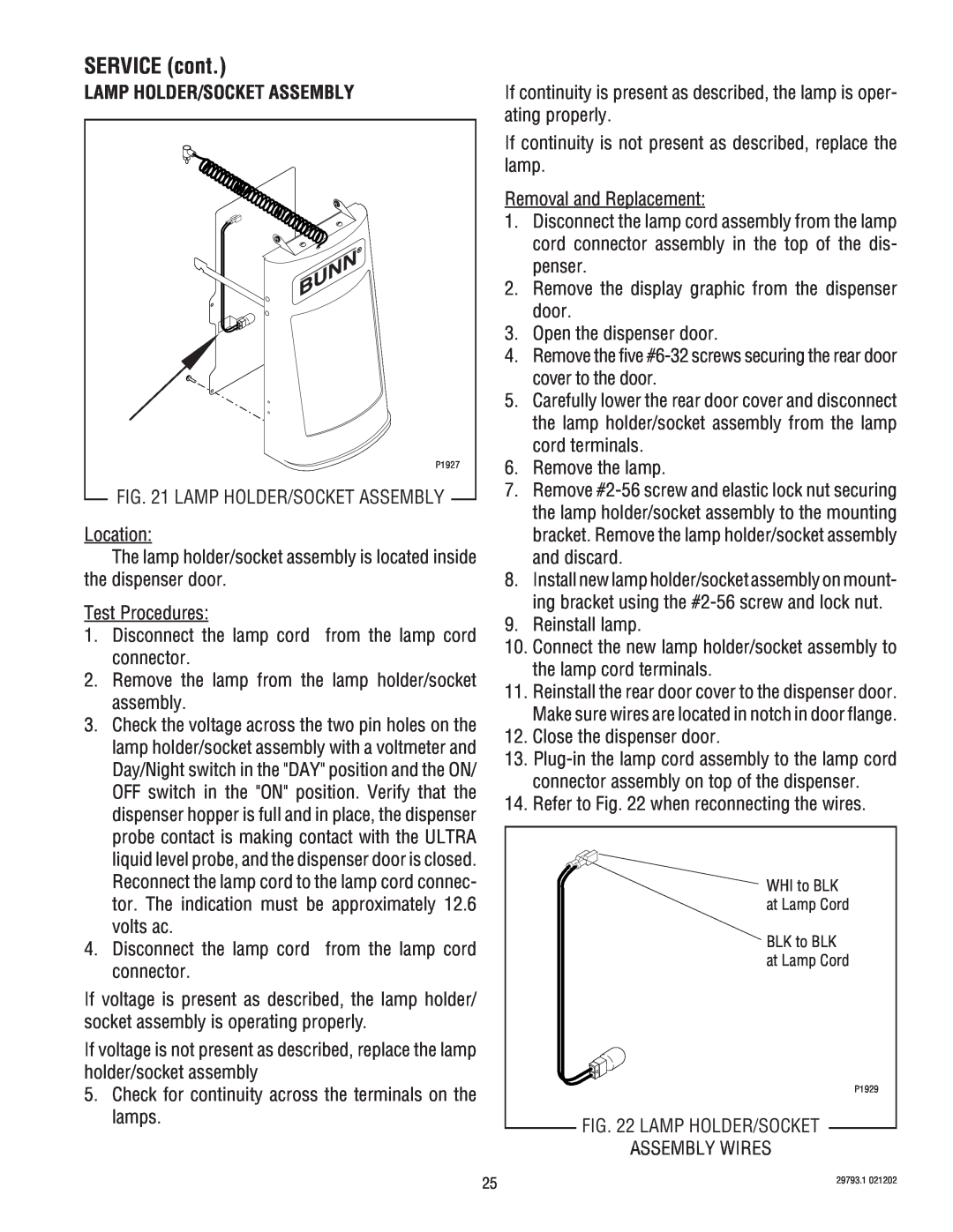 Bunn dispenser service manual Lamp Holder/Socket Assembly, SERVICE cont 