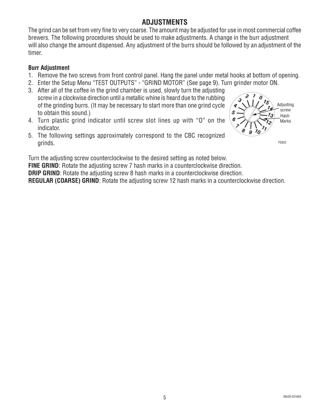 Bunn Dual SH manual Adjustments, Burr Adjustment 