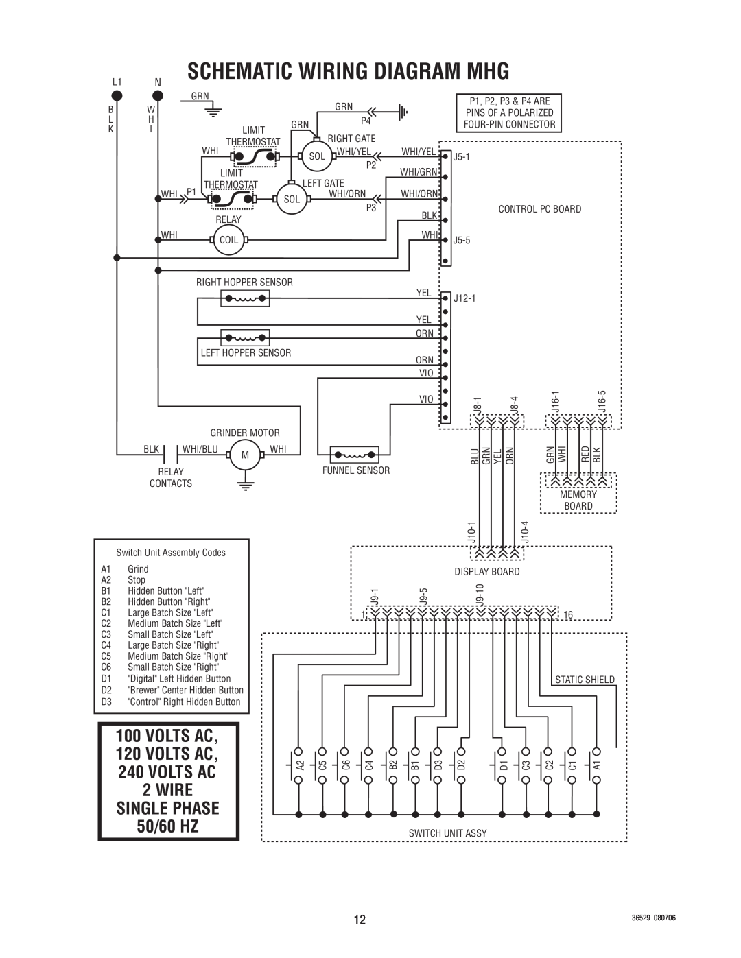 Bunn Dual SH manual Schematic Wiring Diagram Mhg, VOLTS AC 120 VOLTS AC 240 VOLTS AC 2WIRE, SINGLE PHASE 50/60 HZ 